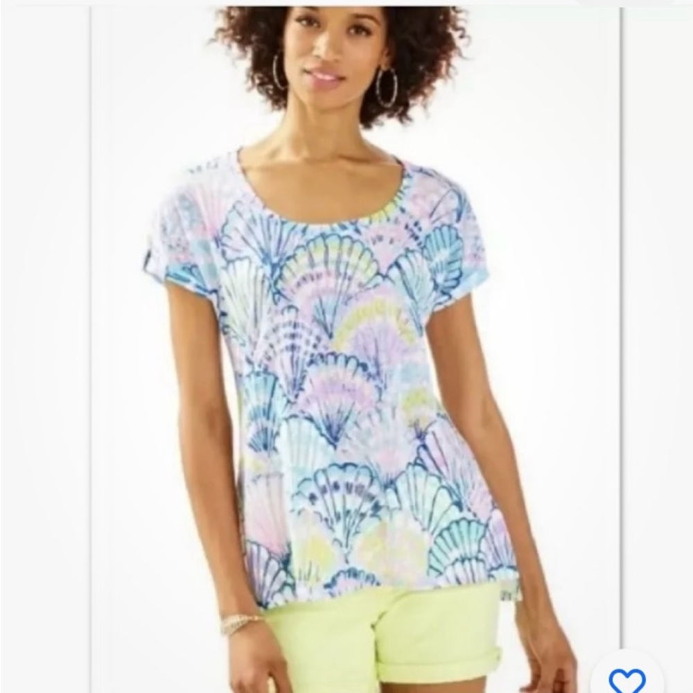 Lilly Pulitzer Oh Shello Shell Print Linen Tee Shirt Sz XS